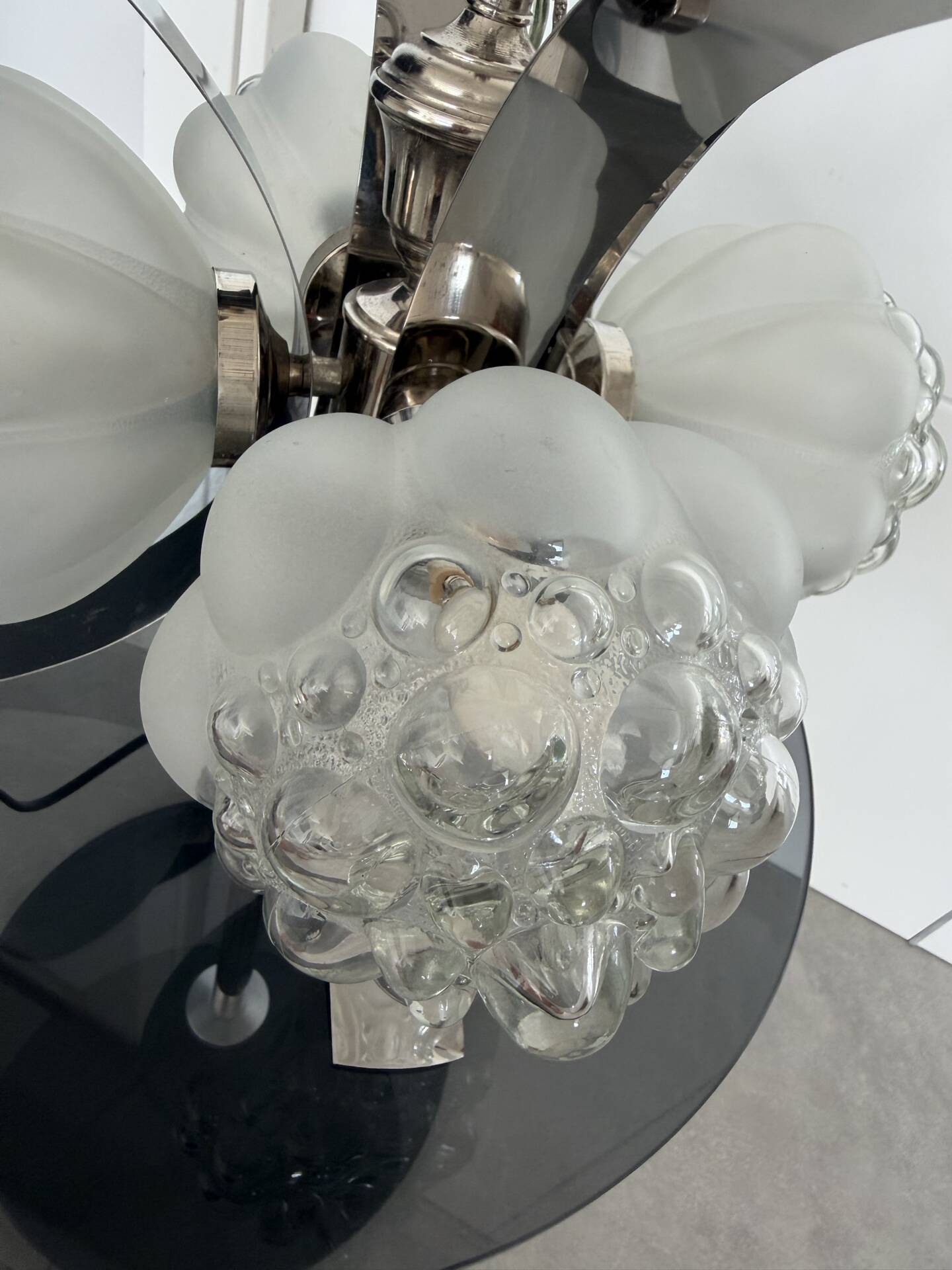 Vintage chandelier with 4 glass bubble globes and silvered metal.