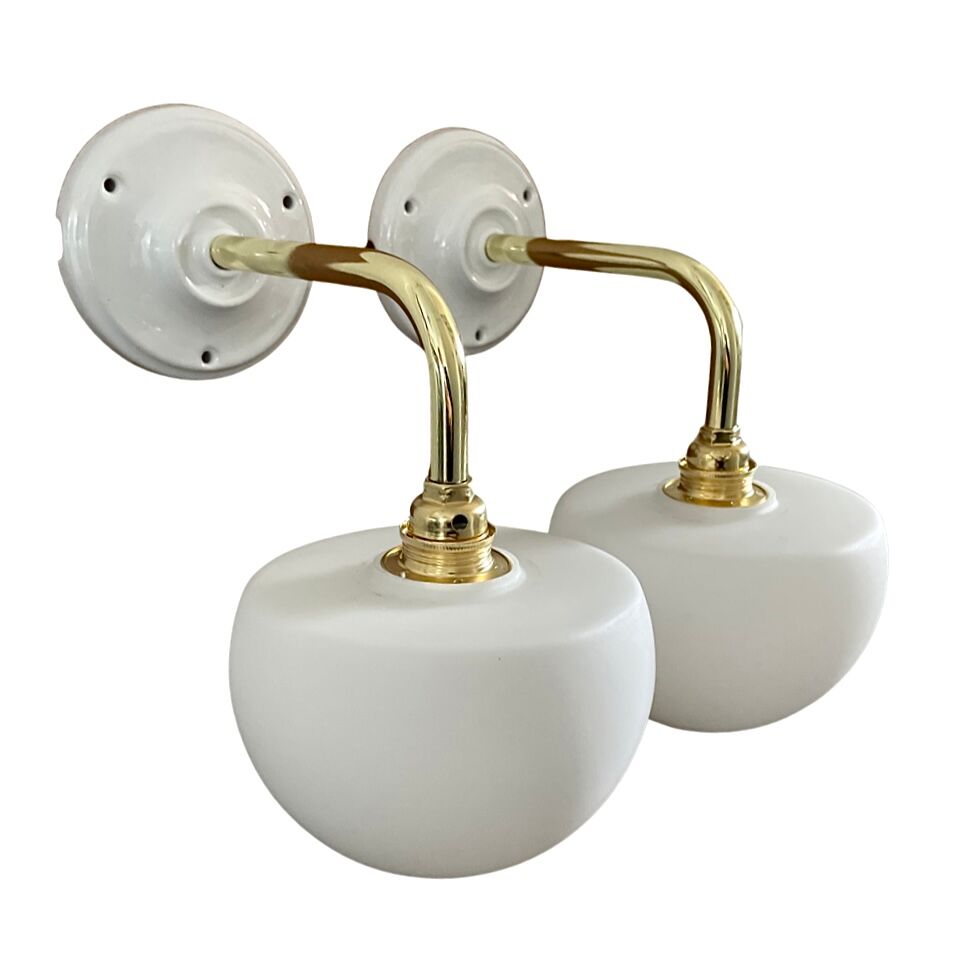 Set of two electrified white opaline wall lamps to nine