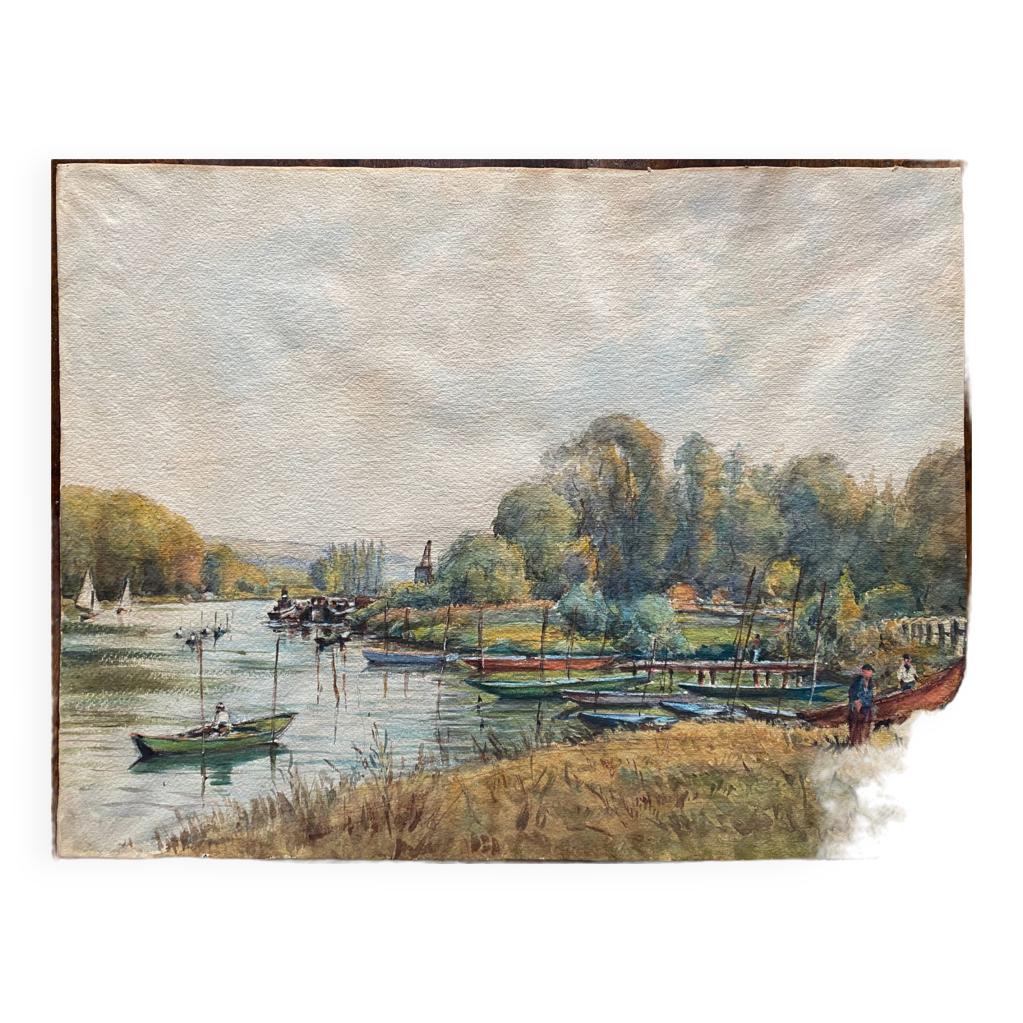 Large watercolor painting "Bords of the Yonne" with boats P. Guillon