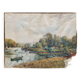 Tableau Aquarelle "Bords de l'Yonne" avec embarcations P. Guillon