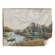 Large watercolor painting "Bords of the Yonne" with boats P. Guillon