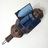 Electrifiable oriental lantern vintage chiseled blue glass 44cm