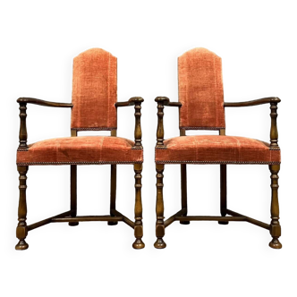 Pair of Trapezoidal Armchairs Called "caquetoires" Renaissance Style - Late 19th Century