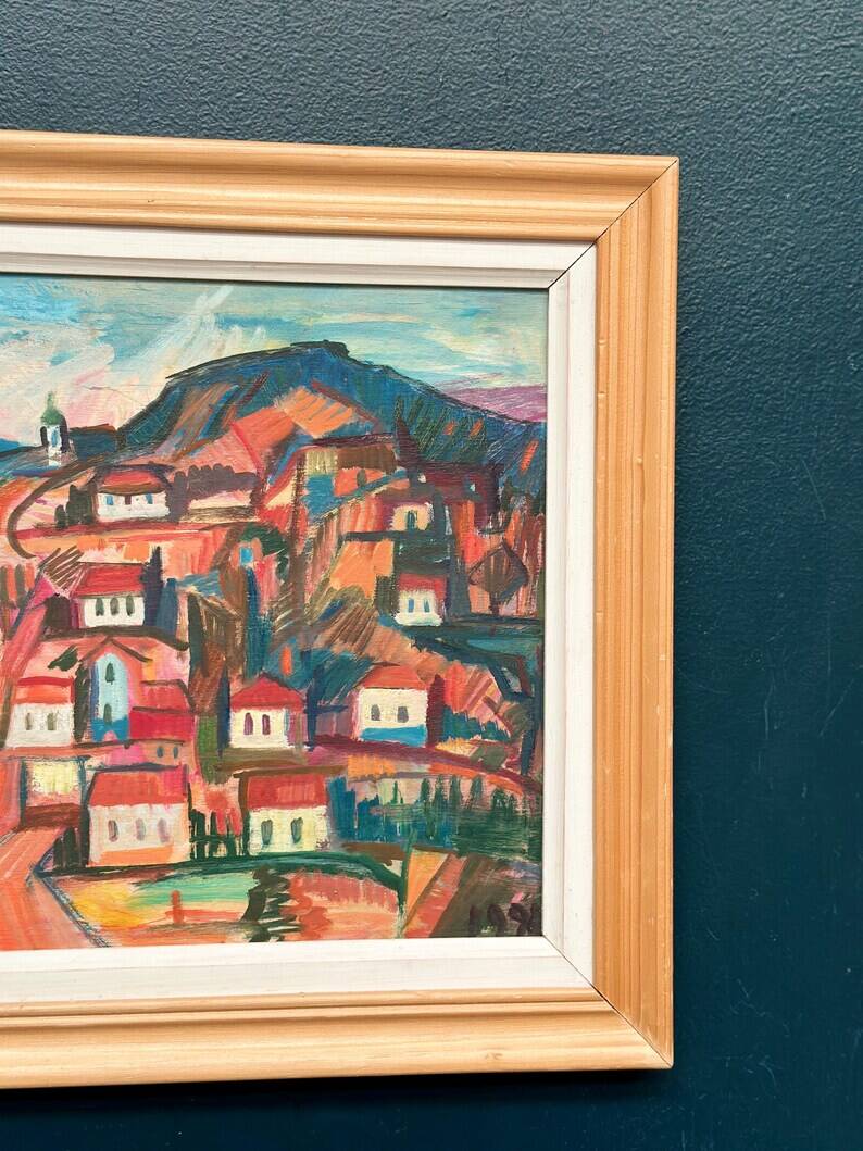 Original Swedish Oil on Panel – “Coastal Town” by Bartovicz 71 – Vintage & Framed – 51 × 41 cm (20" x 16.1")