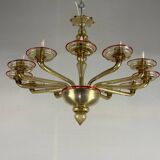 Venetian chandelier in gilded Murano glass highlighted with a red net, Venini circa 1940