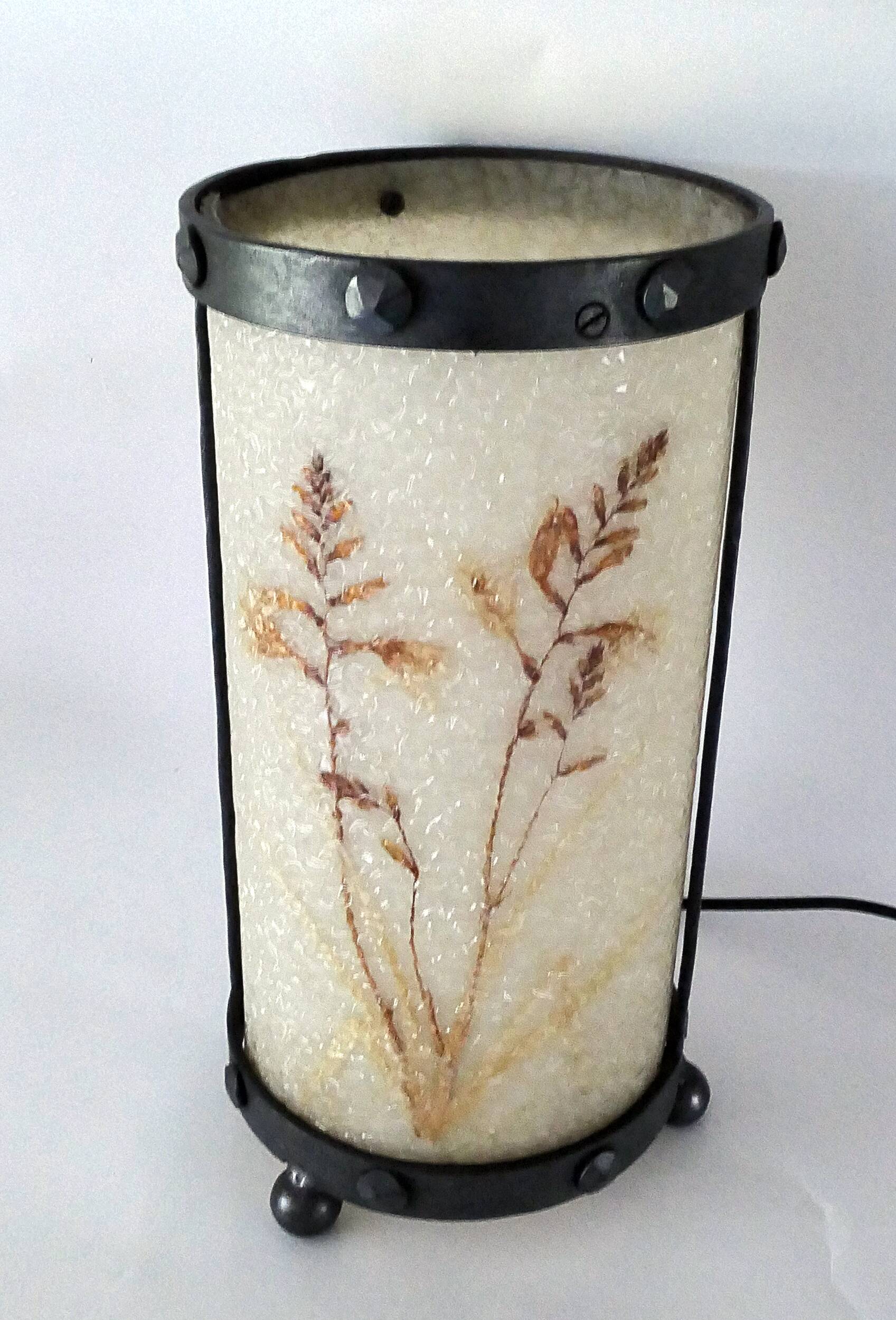 Wrought iron lamp and Perspex lampshade with herbarium decor