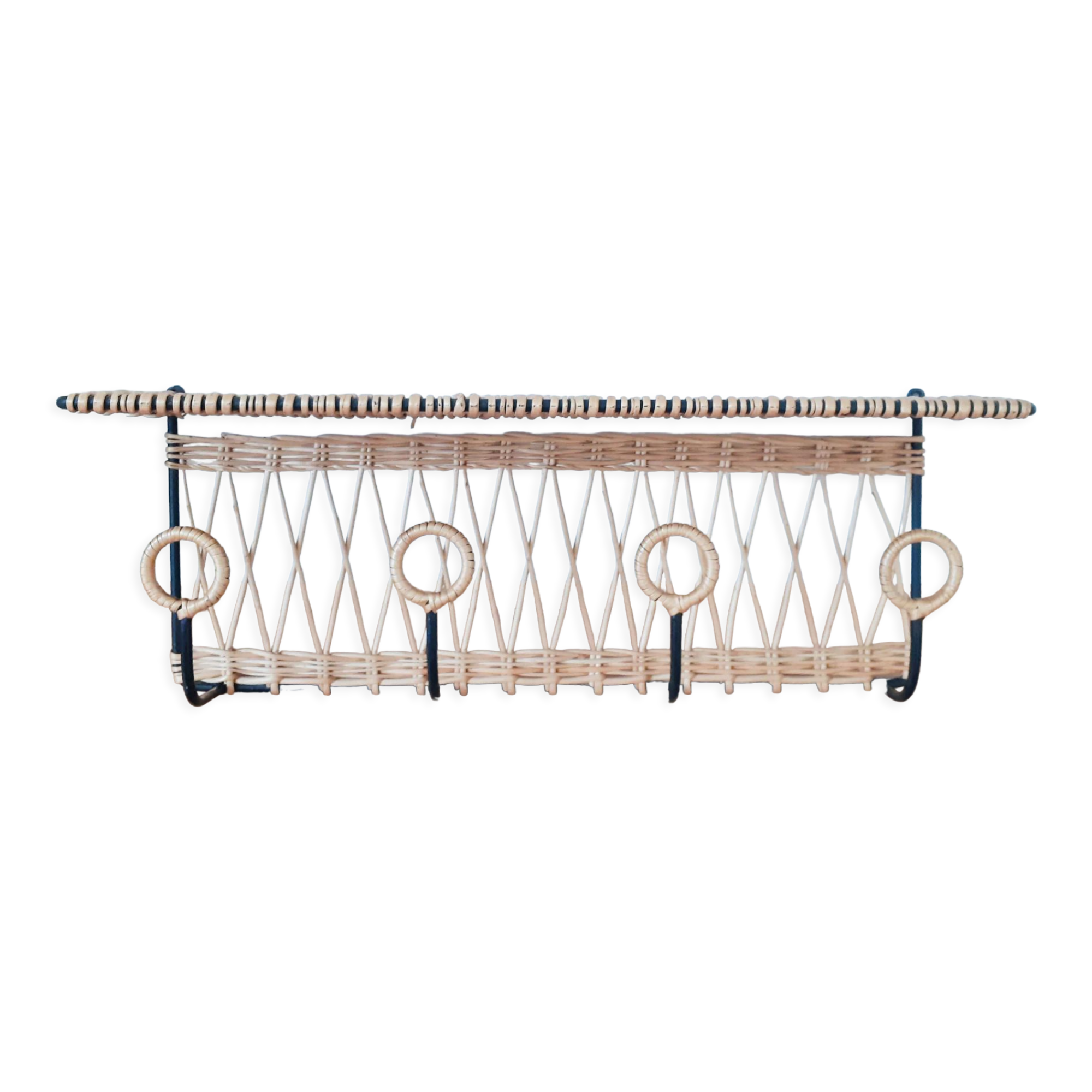 Rattan and metal shelf, coat racks, 50s