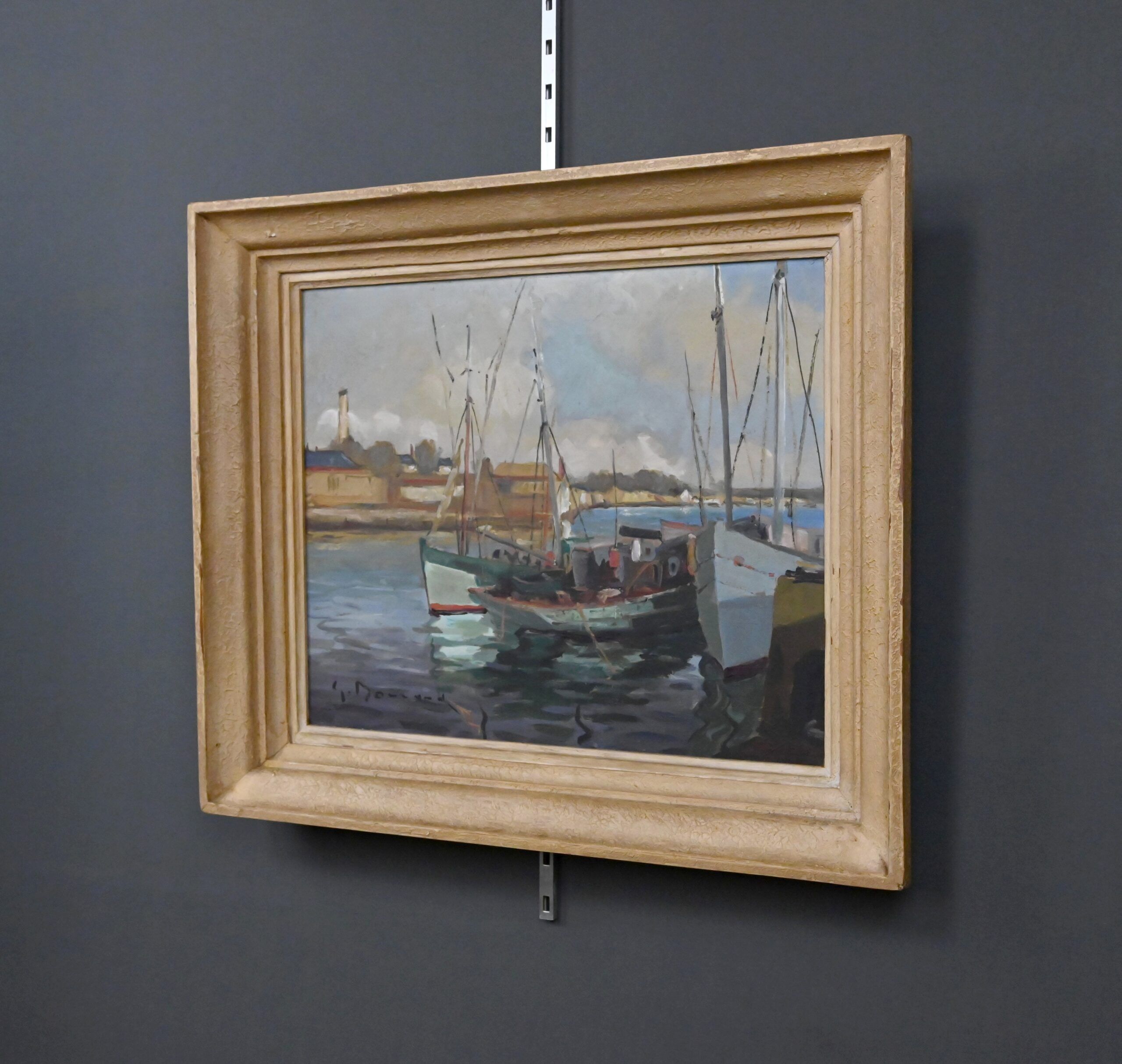 Painting "Thoniers at Dock", oil on panel, signed G. Boulard – Mid 20th century