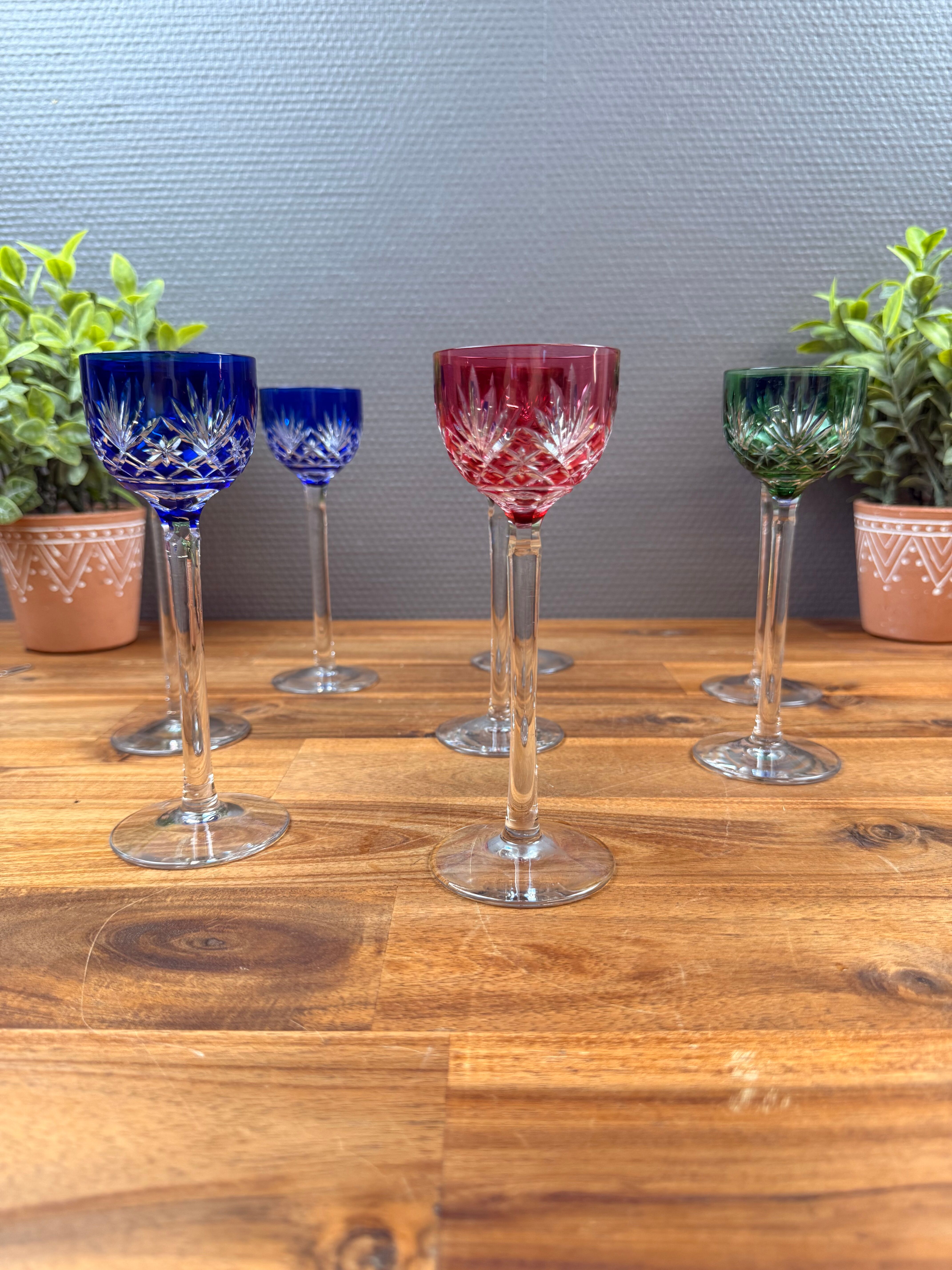 Set of 8 Coloured Cut Crystal Liqueur Glasses