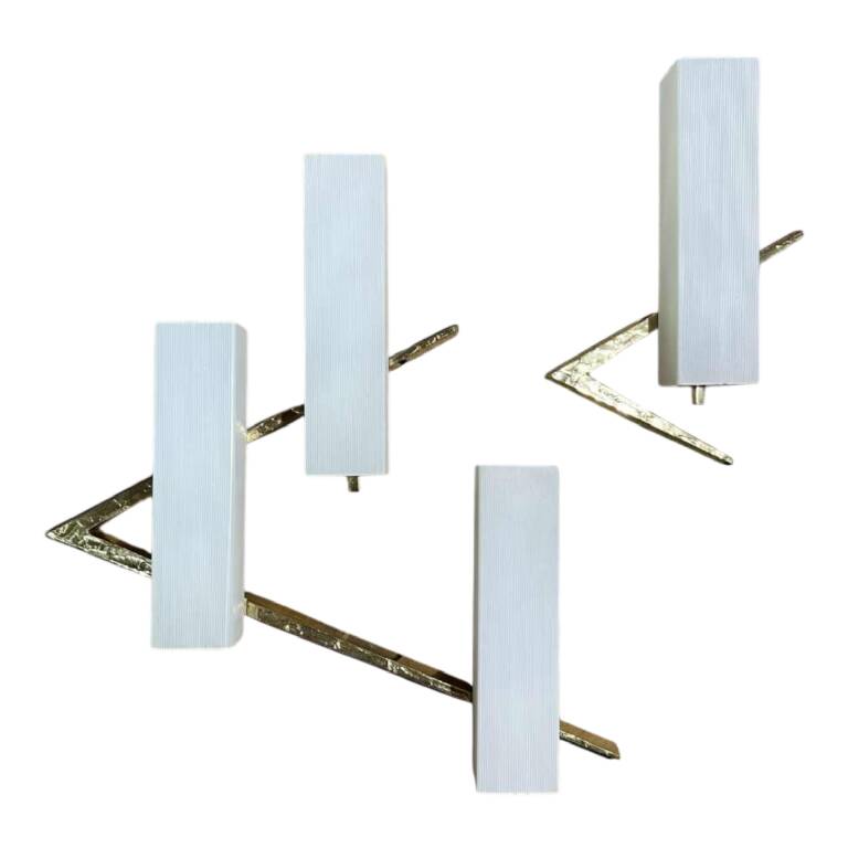 Pair of asymmetrical Hollywood Regency sconces, bronze - opaline glass, 70s