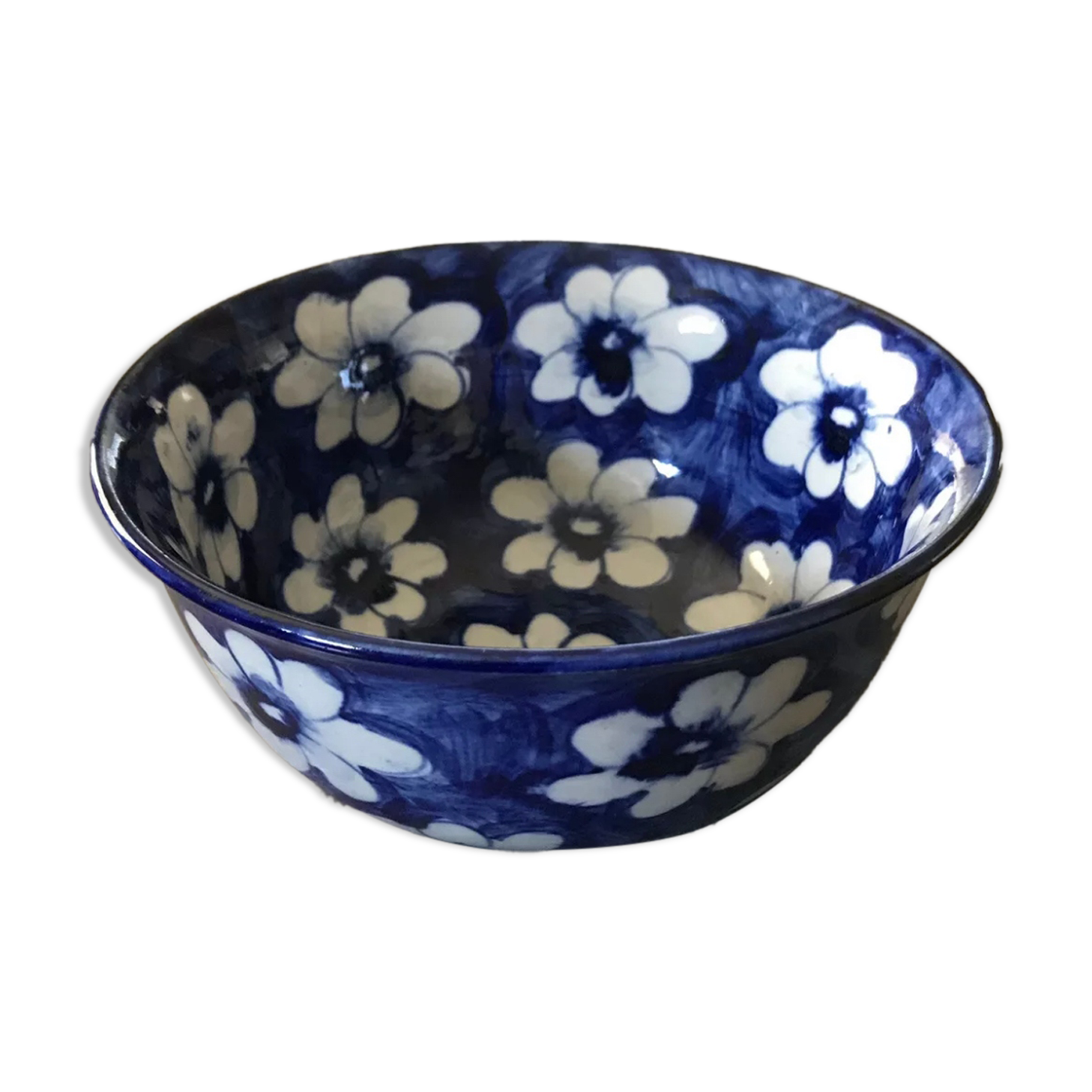 Vintage cup bowl in earthenware with blue floral paint décor - 18.5 cm