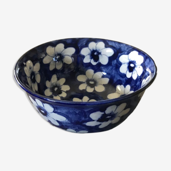 Bol coupe vintage en faïence à décor de peinture florale bleu - 18,5 cm