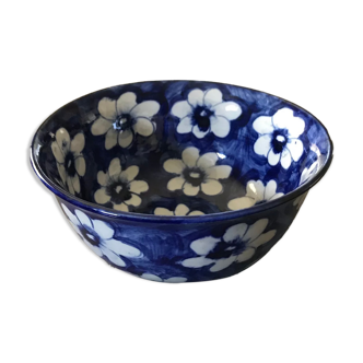 Vintage cup bowl in earthenware with blue floral paint décor - 18.5 cm
