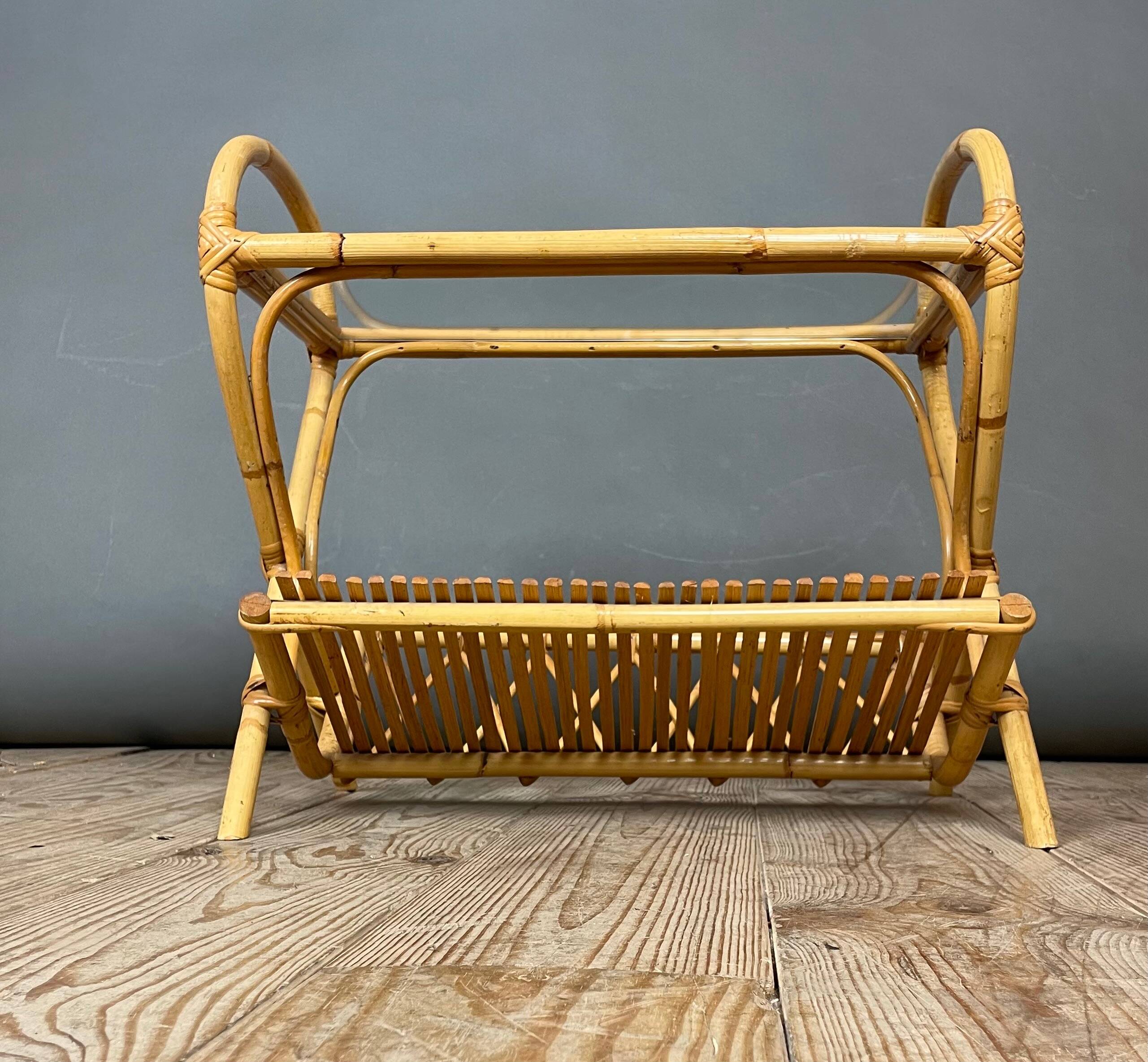 Rattan and glass end table 1960s