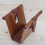 Magazine holder or vinyl in wood and leather vintage design 1960/70