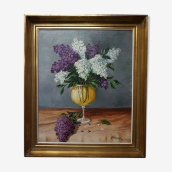 Tableau H. Delven "Nature morte aux lilas dans un vase".