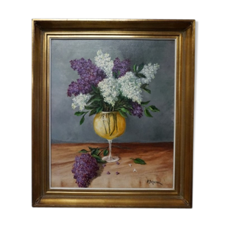 Tableau H. Delven "Nature morte aux lilas dans un vase".