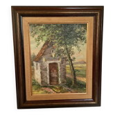Tableau paysage de campagne toile marouflée sur panneau signée