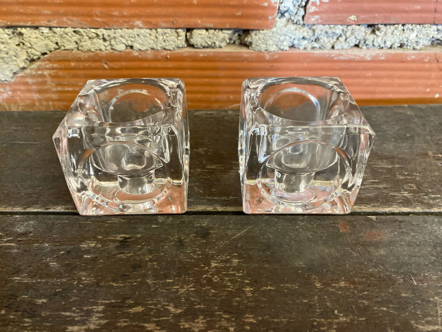 Pair of Modernist Cube Design Candle Holders Moulded Glass 1970s Vintage
