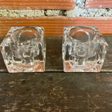 Pair of Modernist Cube Design Candle Holders Moulded Glass 1970s Vintage