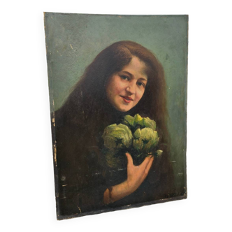 Portrait à l'huile jeune femme à l'artichaut