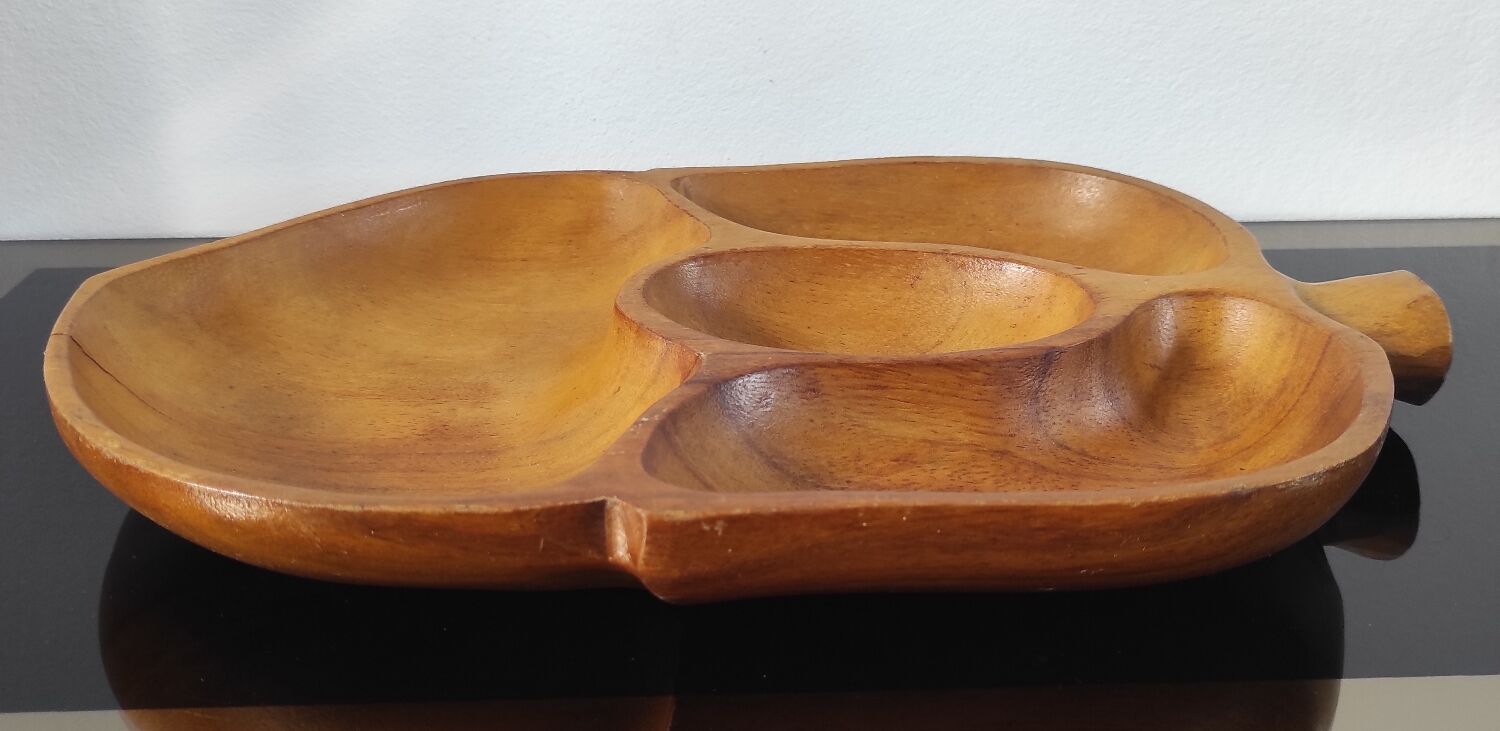 Vintage carved wooden aperitif platter – 4 compartments