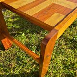 Pine coffee table, 1970s marquetry top, vinyl record rack.