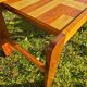 Pine coffee table, 1970s marquetry top, vinyl record rack.