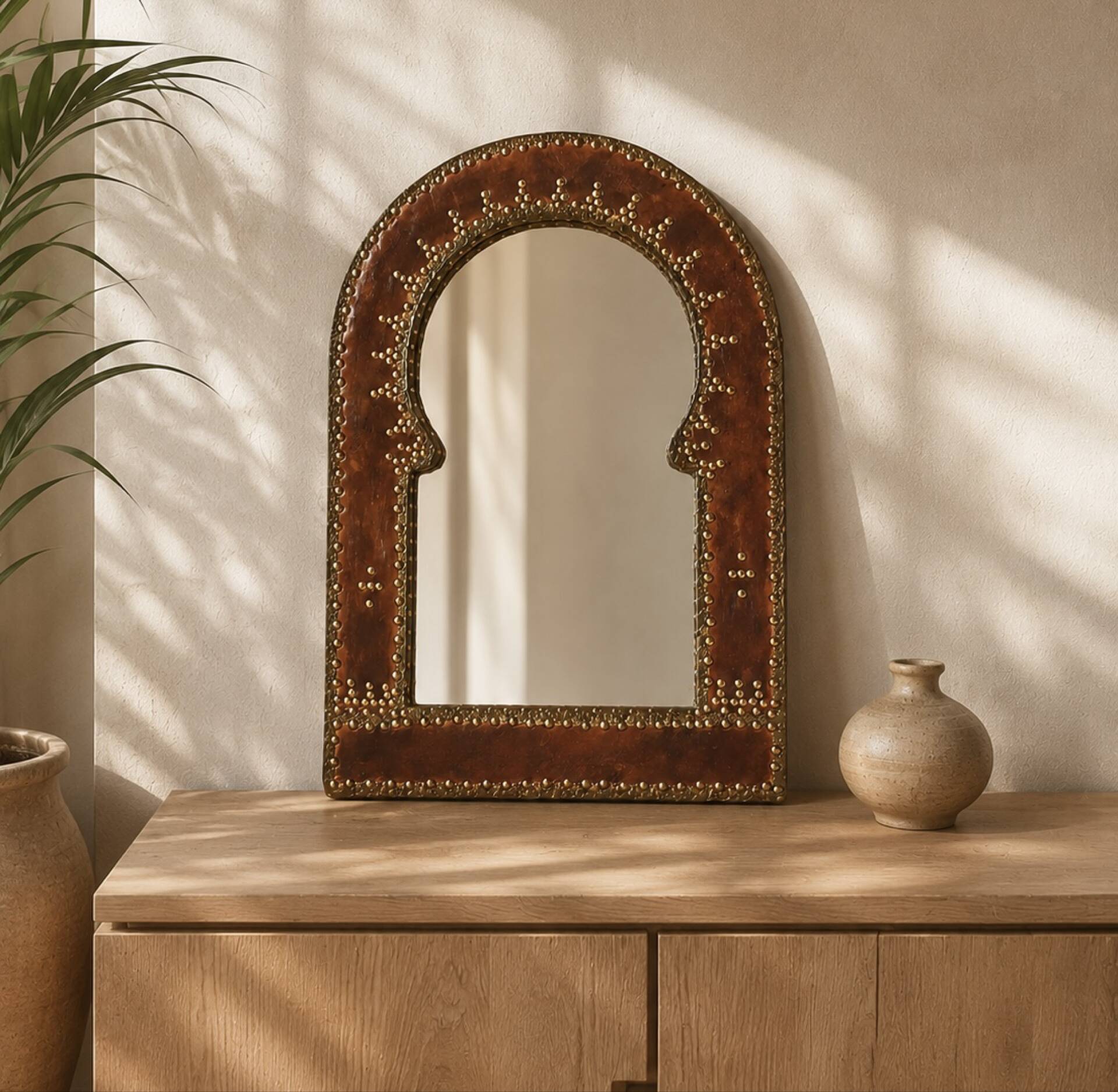 Large vintage mirror in studded leather and brass