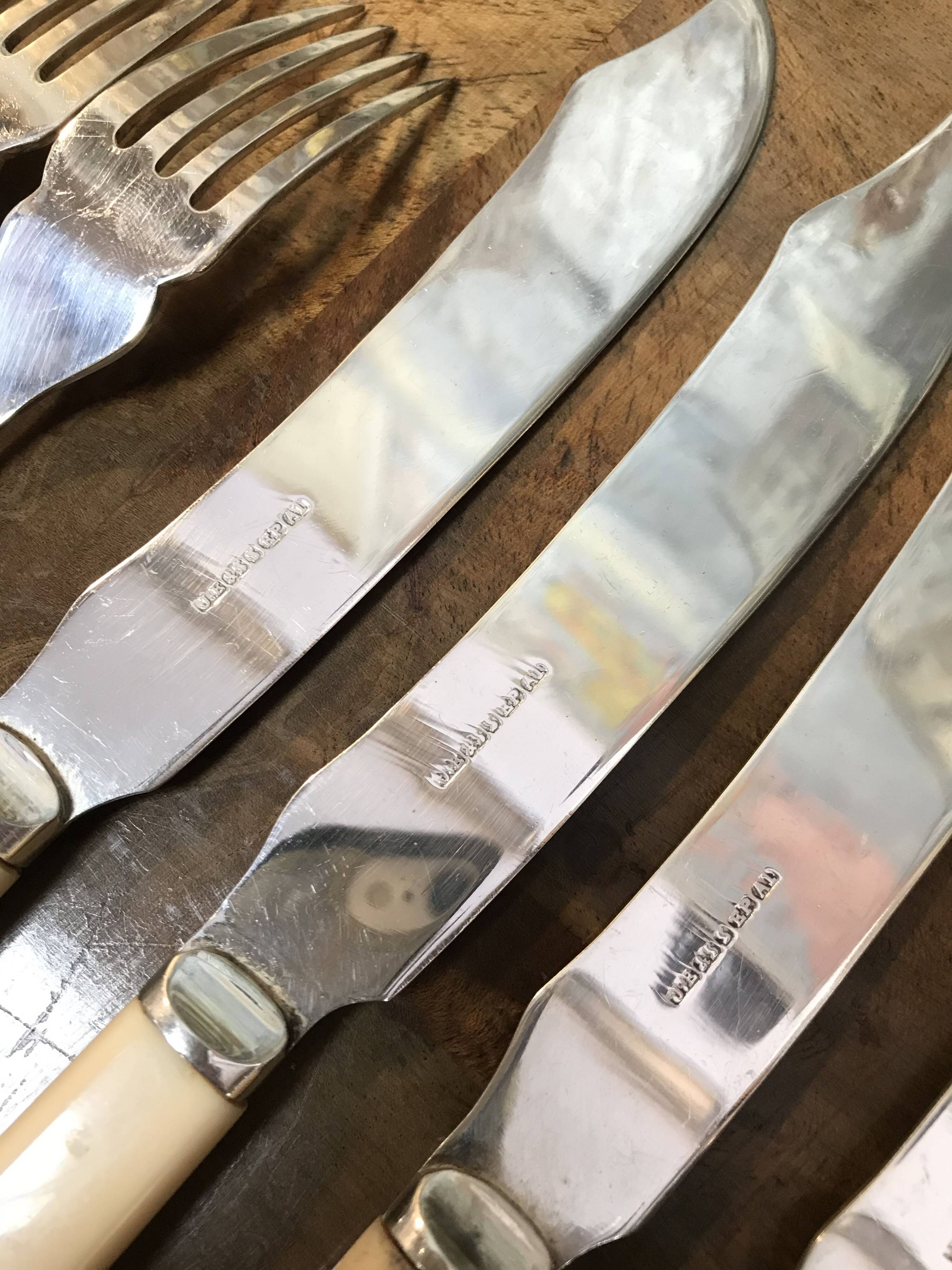 Silver-plated metal fish cutlery set consisting of 6 forks and 6 knives