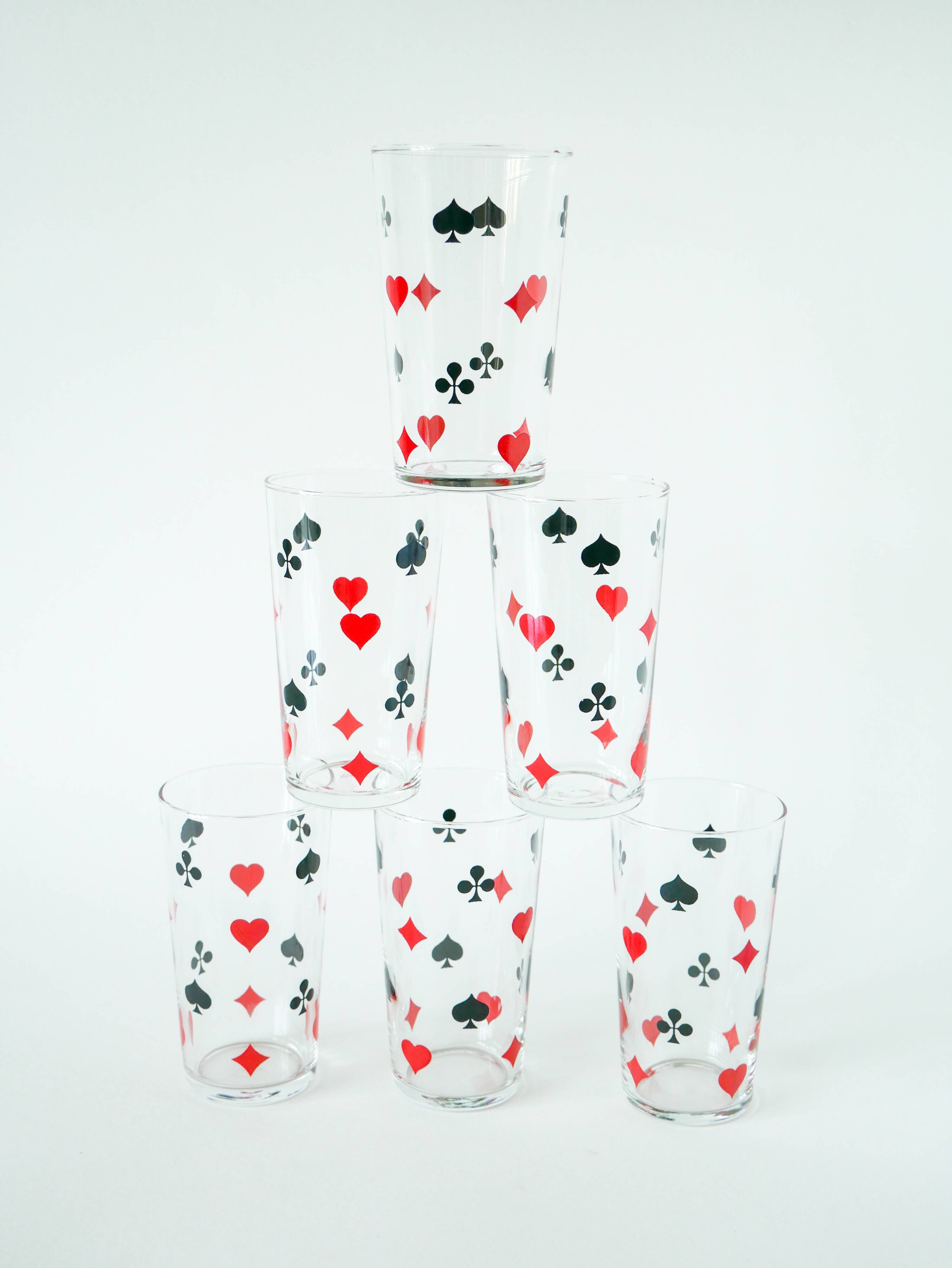 Set of 6 water glasses, Jeu de Cartes motifs, 1970