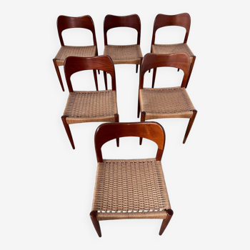 Set of 6 old Scandinavian design chairs Arne Ovmand Olsen vintage 60s teak and rope