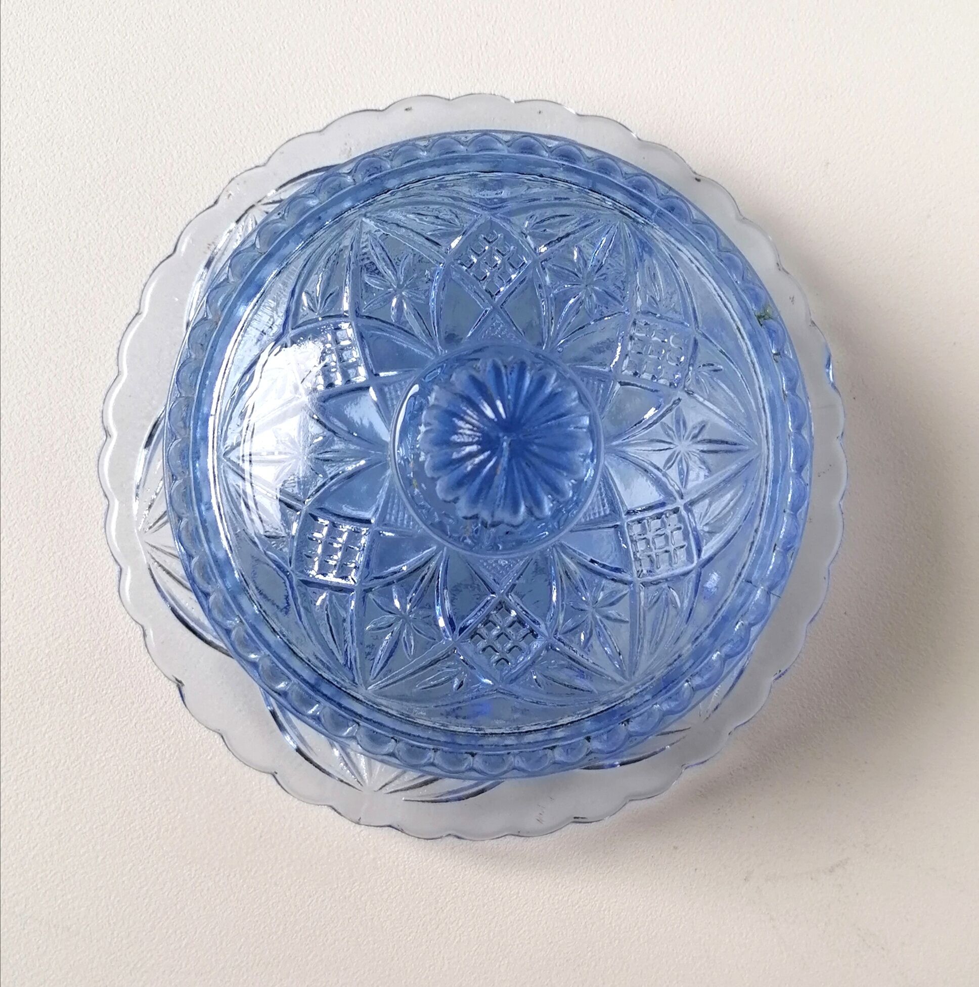 Sweeten candy box in blue pressed molded glass