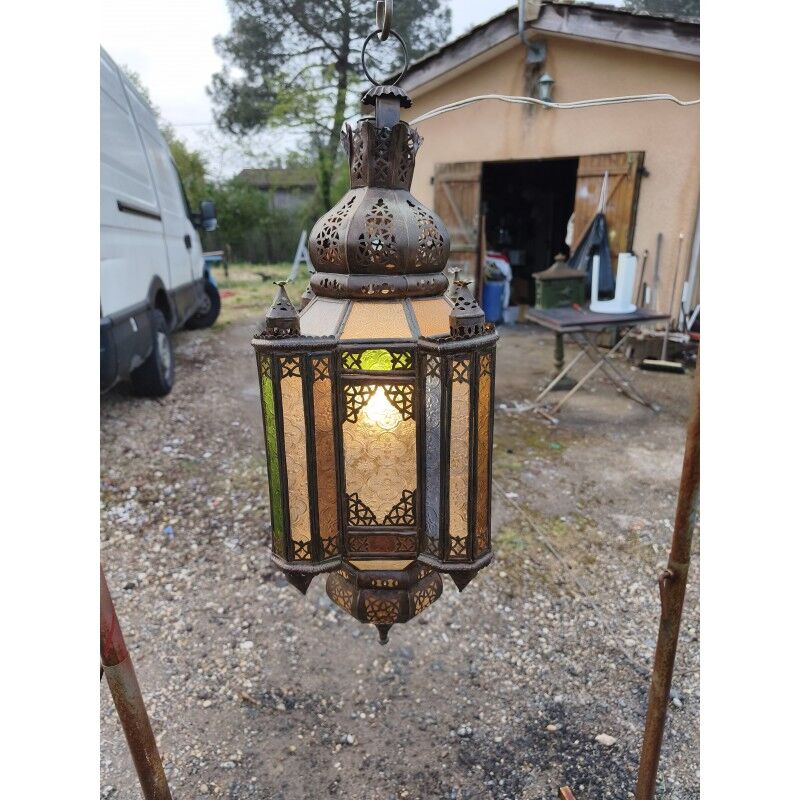 North African lantern suspension in brass and coloured glass.