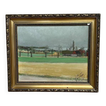 Original Swedish Oil on Panel – “Red Cottages” by Unknown Artist– Signed – Vintage & Framed – 48 × 40 cm (18.8" × 15.7")