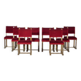 Set of eight oak barley twist dining chairs in red velvet, 19th century