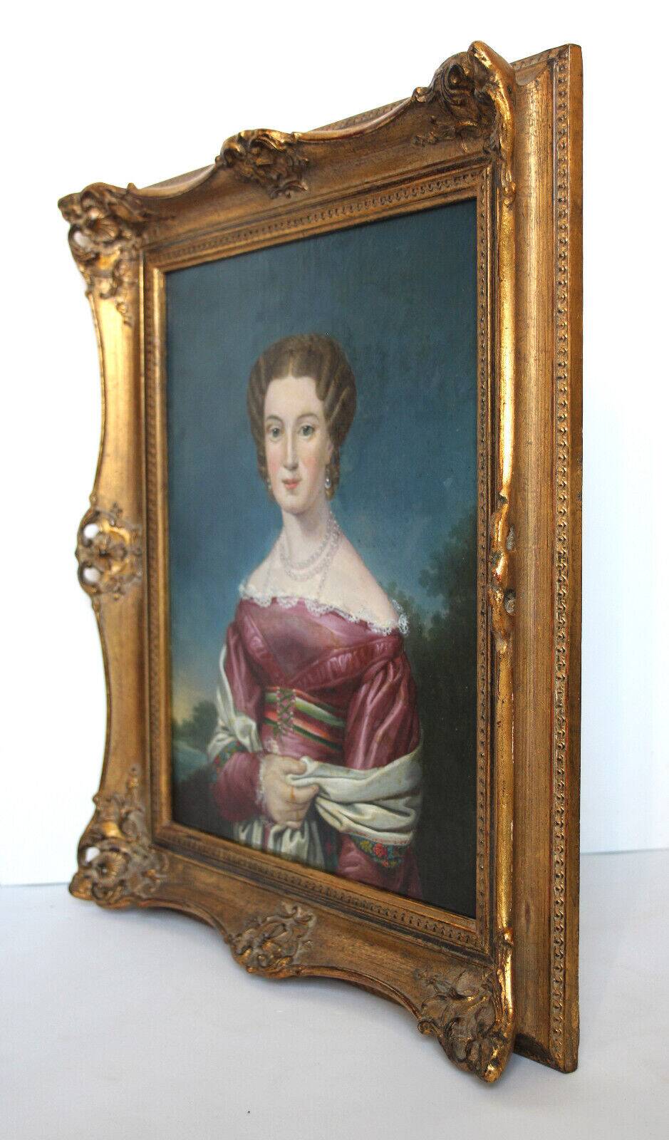 Elegant 19th-Century Portrait of a Lady – Oil on Canvas, Gilded Frame