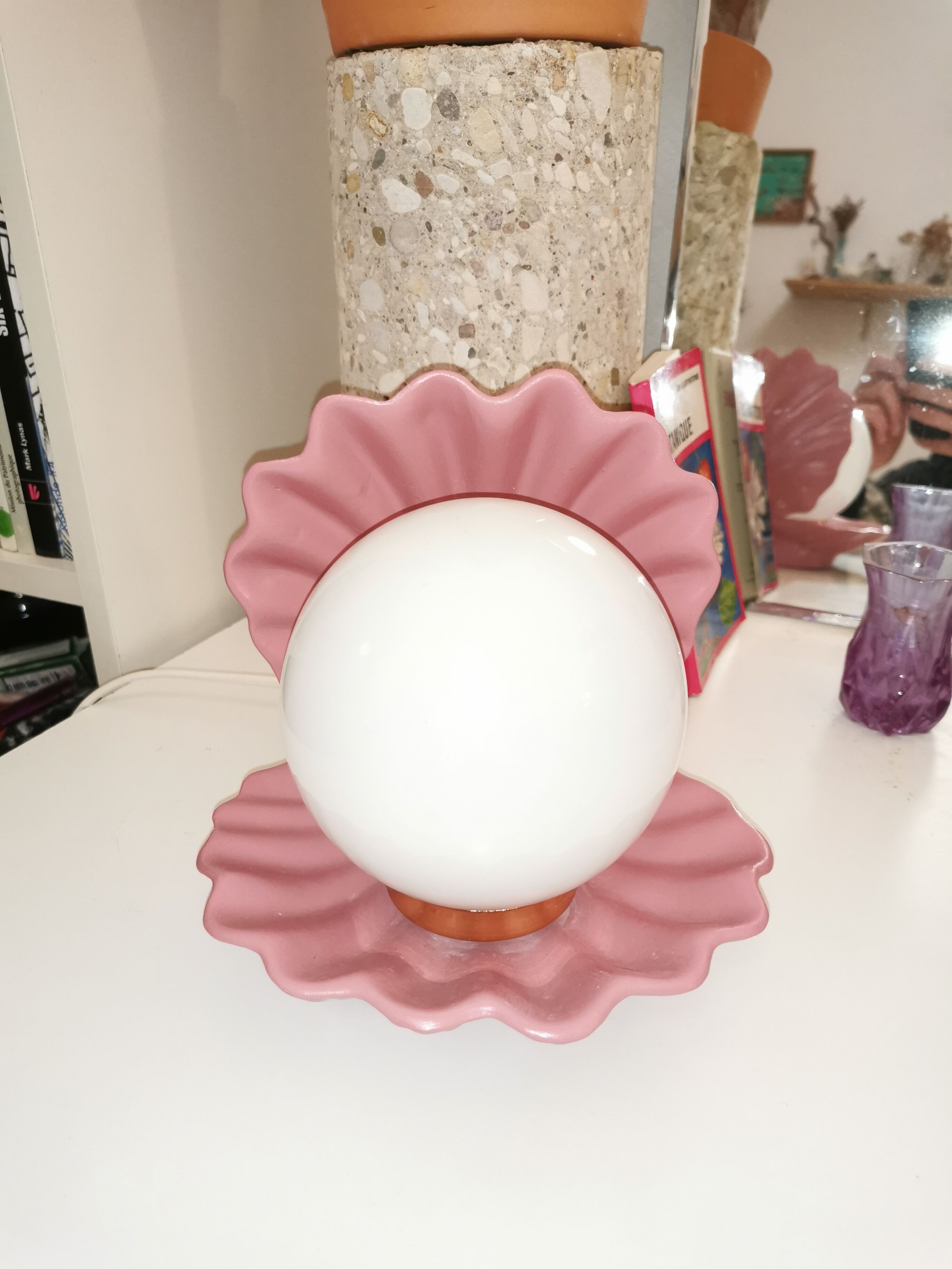 Ceramic shell lamp and opaline bead, saint-jacques, france, 1980