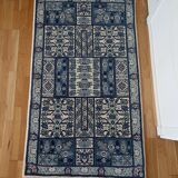 Handcrafted oriental blue and white rug Tunisia vintage fringes