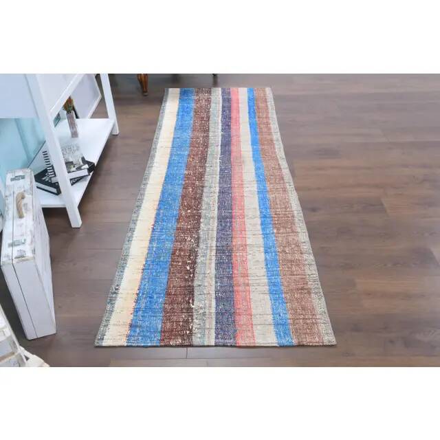 Vintage Turkish Hand-Knotted Wool Cotton Beige Kilim Runner Rug 87x237