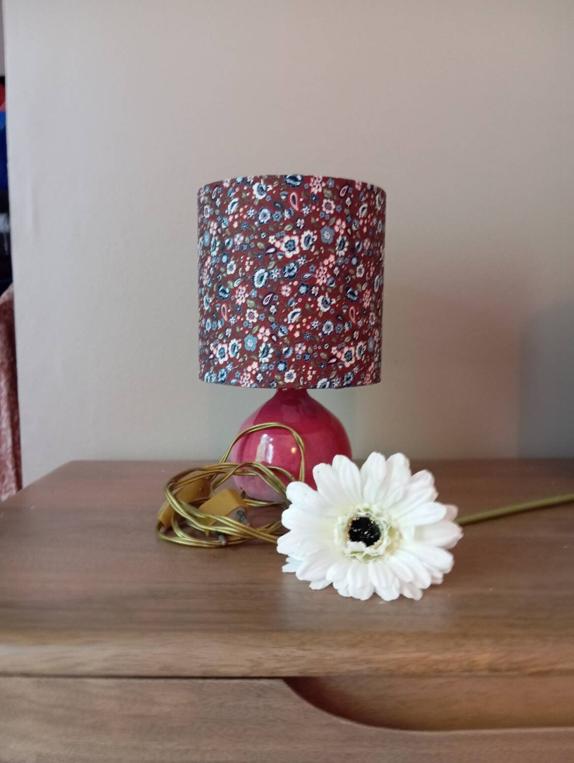 Vintage pink ceramic table lamp, Liberty flower lampshade