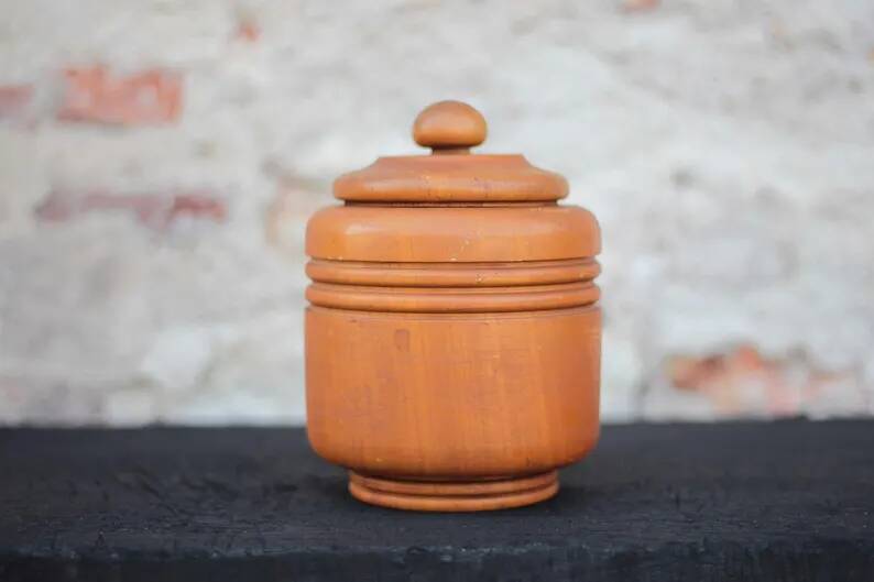 Art Deco wooden box, storage box, turned wooden pot, pot with lid, interior decoration.