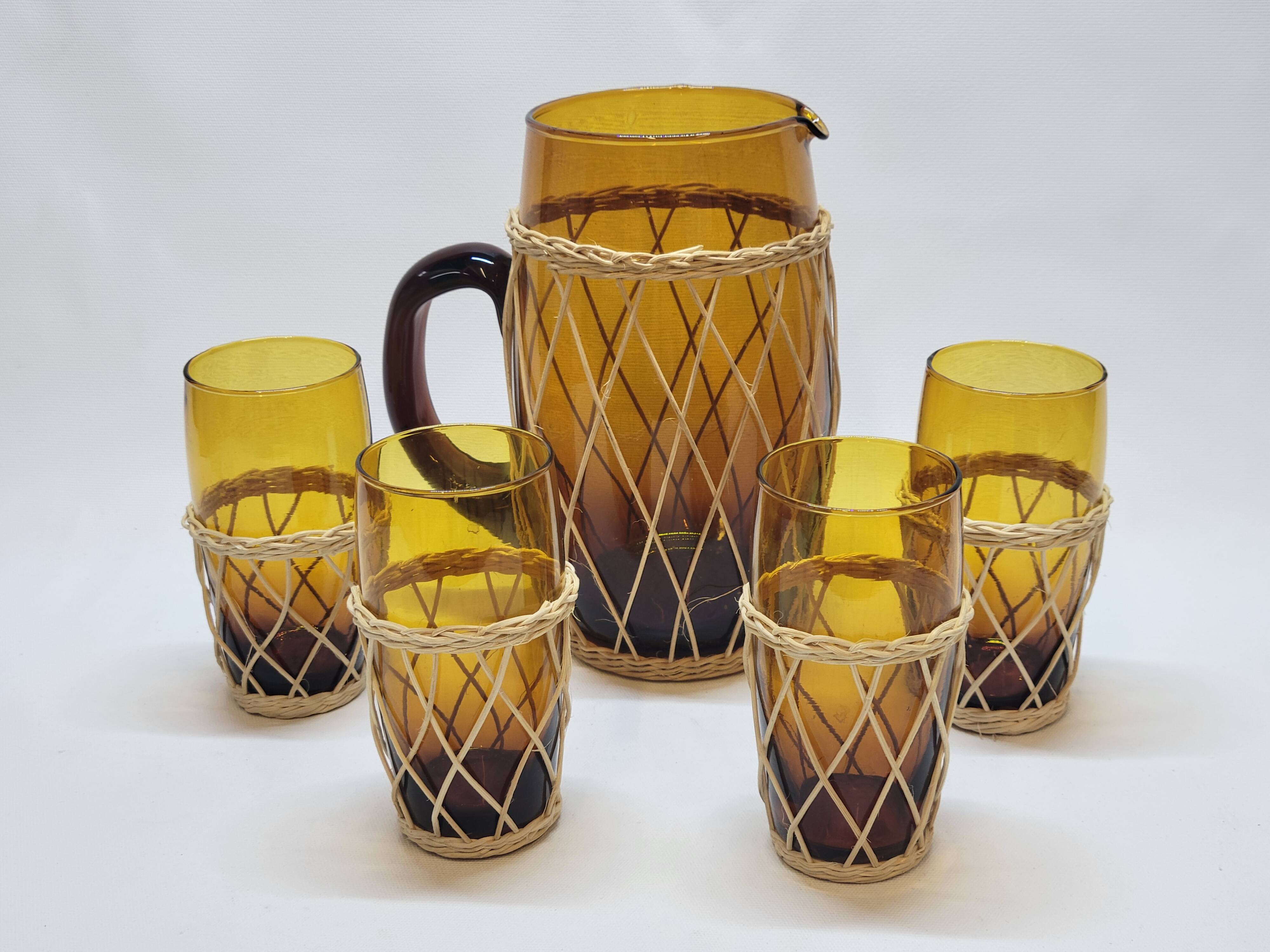 Vintage orangeade service in amber blown glass and wicker