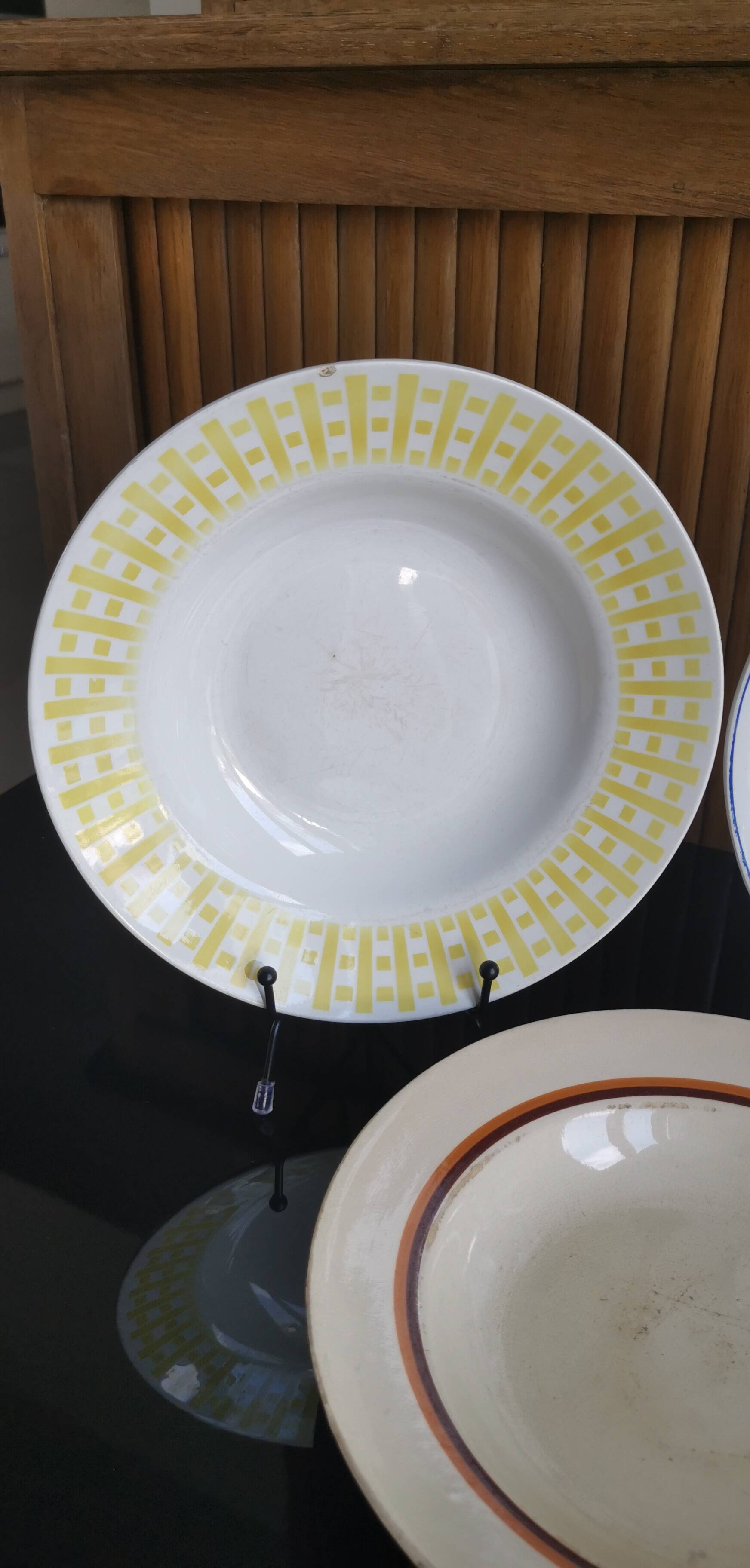 6 old plates mismatched geometric patterns Moulin des Loups, St Amand