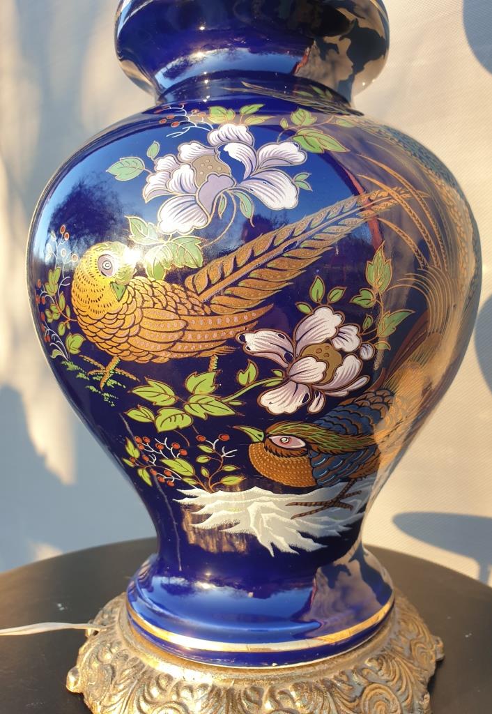 Ceramic lamp birds lyres on midnight blue background Napoleon III