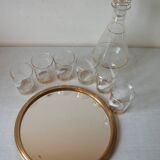 Old glass carafe liquor service with gilding vintage ice mirror tray