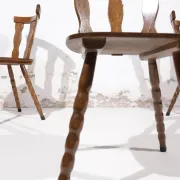 Set of 3 brutalist chairs with arched cut-outs and turned legs