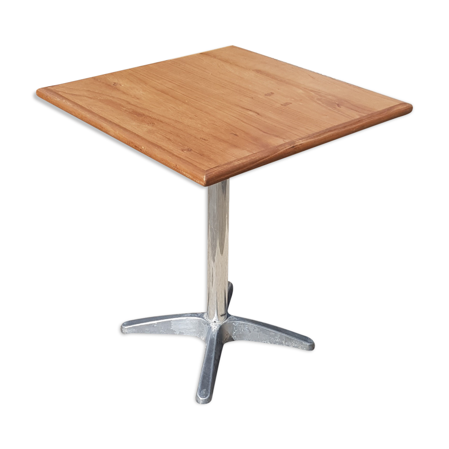 Foldable bistro table with teak top and aluminum base