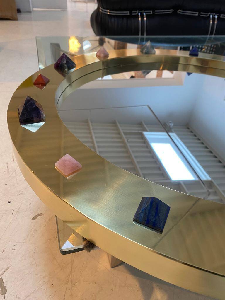 Modern Circular Mirror with Brass Frame and Semi-Precious Stone