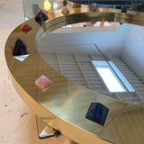 Modern Circular Mirror with Brass Frame and Semi-Precious Stone